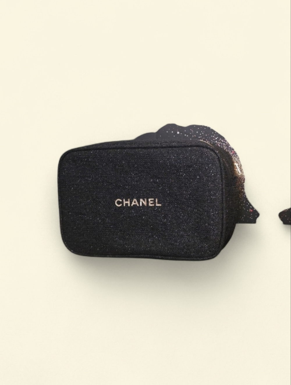 CHANEL Black Glitter Zip Cosmetic Case with Gold Logo